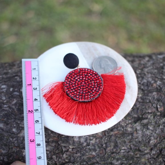 New Red Fringe Sparkle Statement Dangle Earrings - Picture 9 of 13